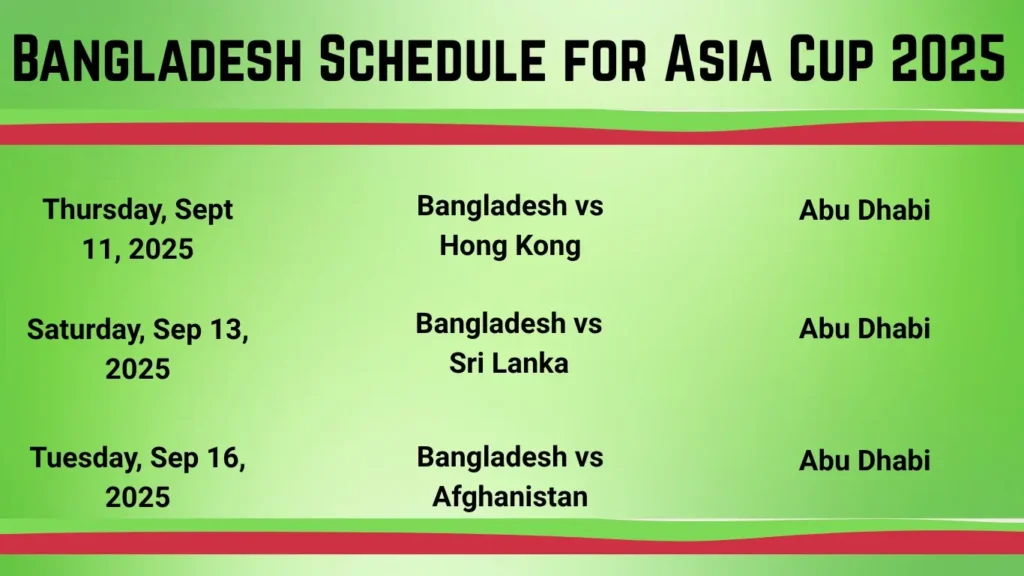 Bangladesh Schedule for the Asia Cup 2025—Complete venues and Dates 2 Bangladesh schedule for the Asia Cup 2025